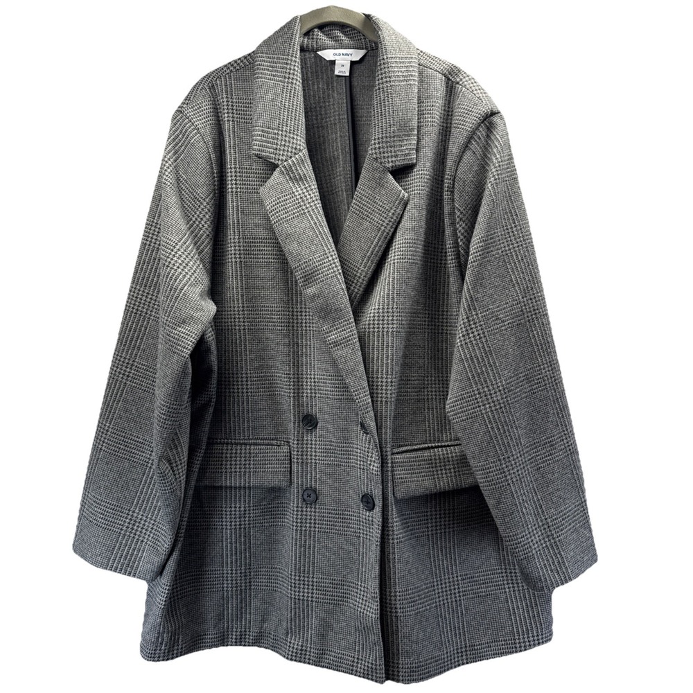 Old Navy Women's Oversized Houndstooth Blazer Size 2X Gray Plaid Double Breasted